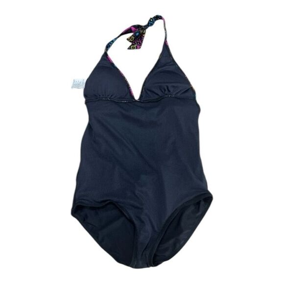Sunshine Zone Halter Deep V-Neck One Piece Swimsuit Size M Black Pink Printed - Picture 7 of 11
